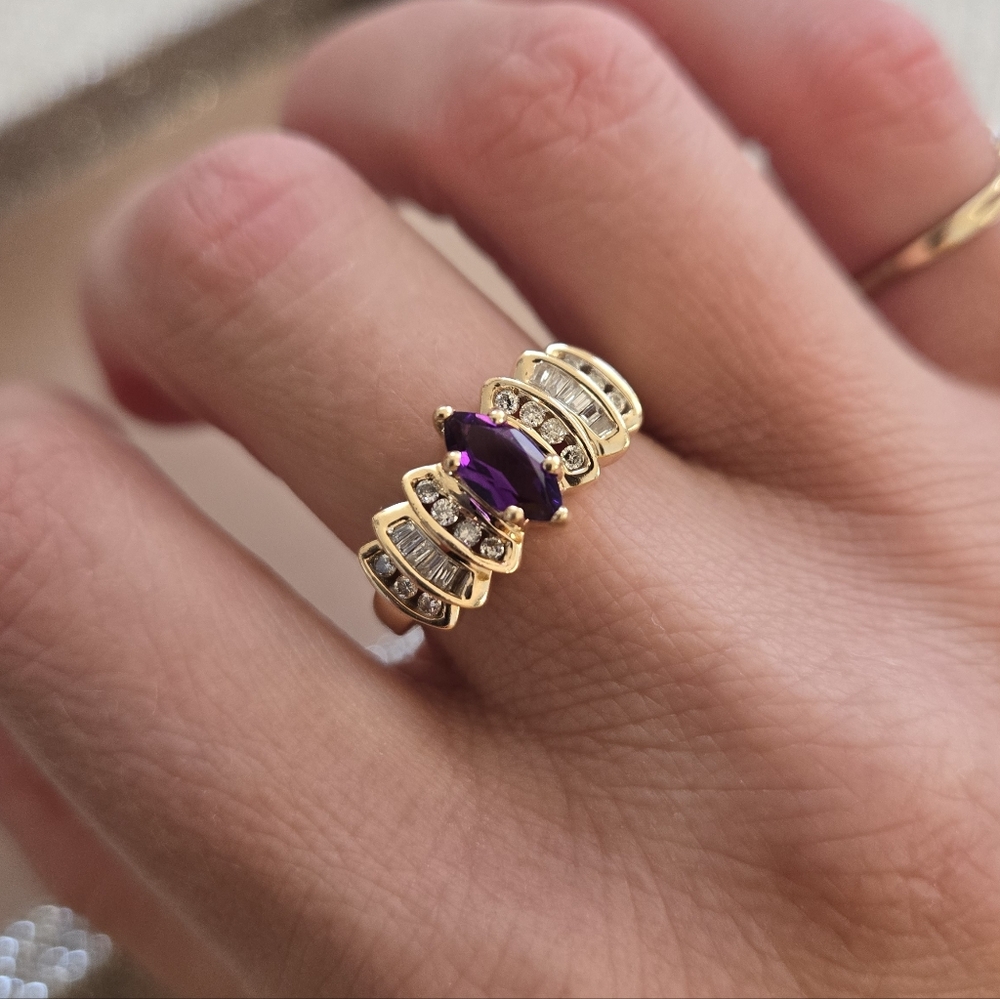 14k Gold Amethyst Diamond Ring